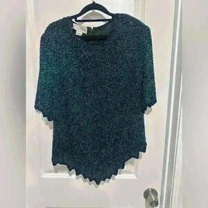 Size 1X Vintage Laurence Kazar Silk Beaded Blouse Top Sequins 1980s